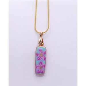 Polymer Clay Teal Pendant Necklace Gold Chain Cottagecore Boho Charm Floral